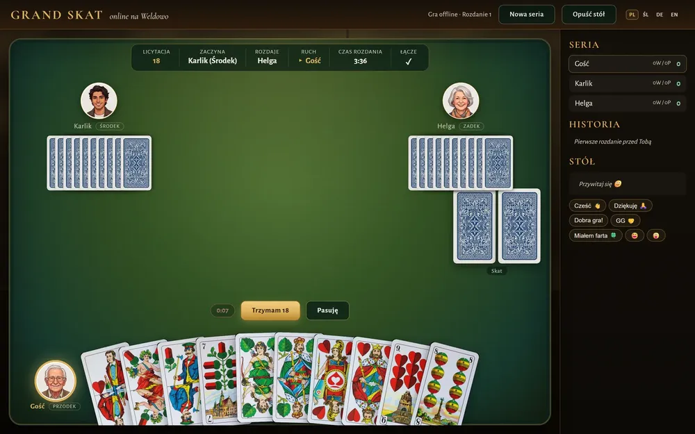 Grand Skat, the main table with green felt and candlelight